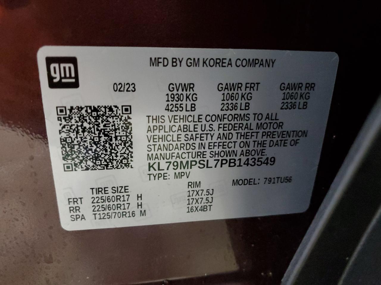 2023 CHEVROLET TRAILBLAZER LT VIN:KL79MPSL7PB143549