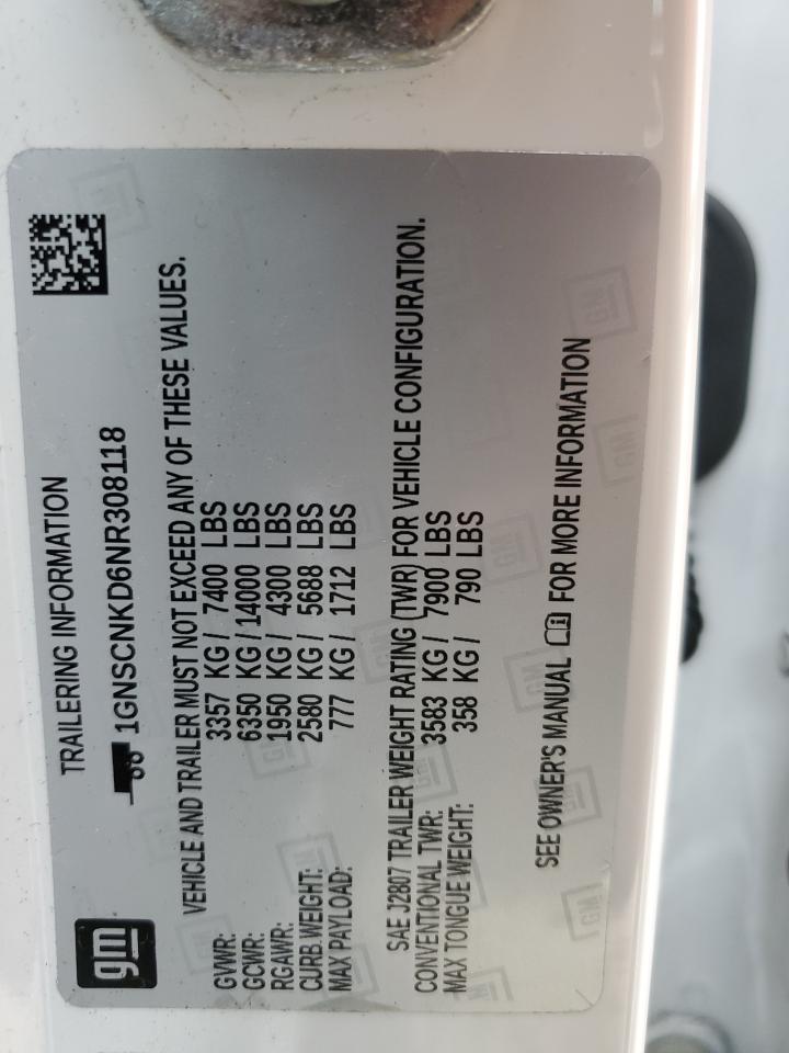 2022 CHEVROLET TAHOE C1500 LT VIN:1GNSCNKD6NR308118