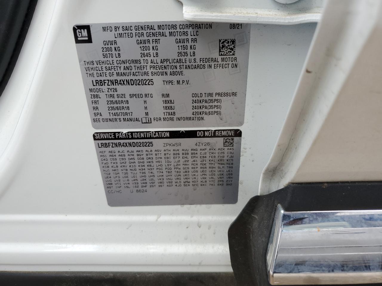 2022 BUICK ENVISION ESSENCE VIN:LRBFZNR4XND020225