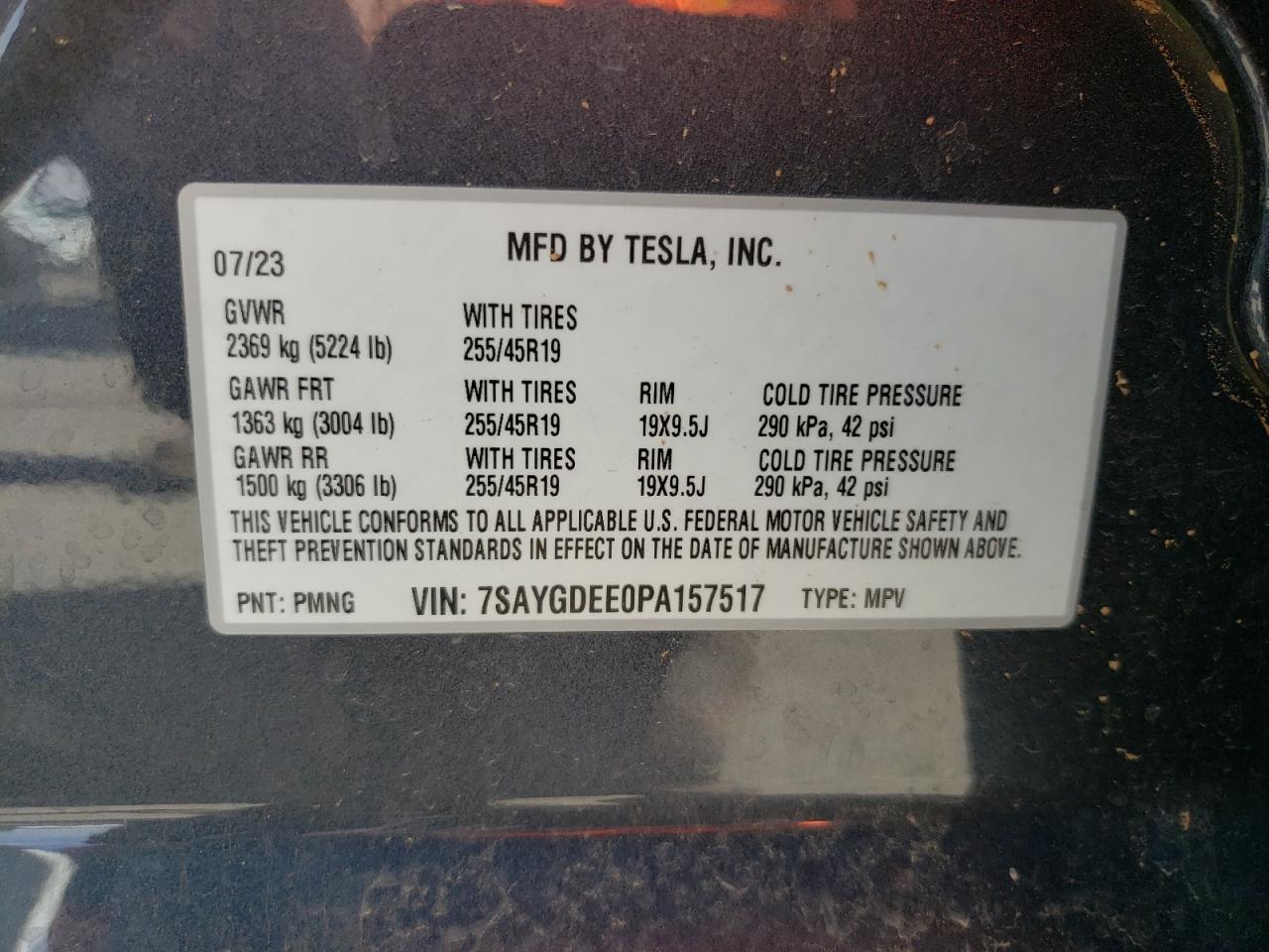 2023 TESLA MODEL Y VIN:7SAYGDEE0PA157517