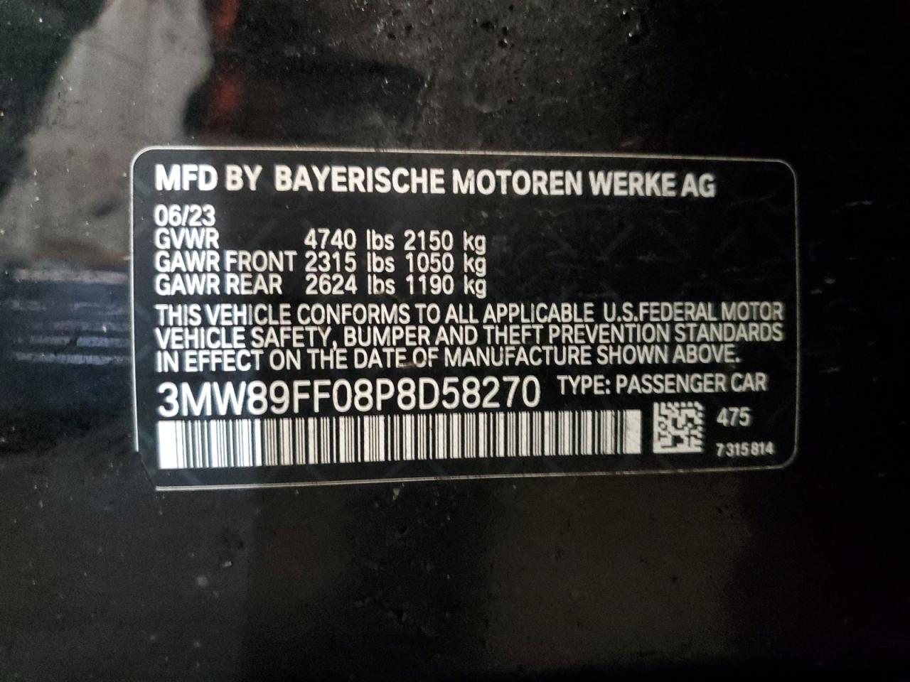 2023 BMW 330XI VIN:3MW89FF08P8D58270