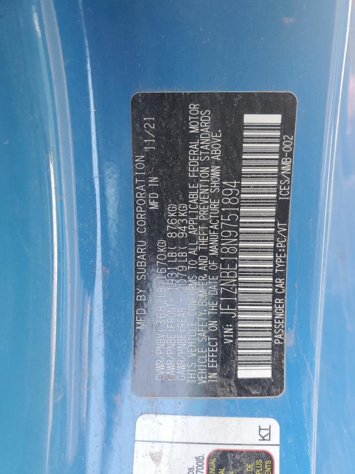 2022 TOYOTA GR 86 PREMIUM VIN:JF1ZNBE18N9751894