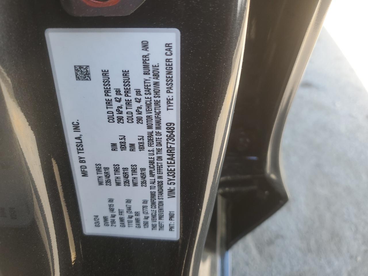 2024 TESLA MODEL 3 VIN:5YJ3E1EA4RF736489