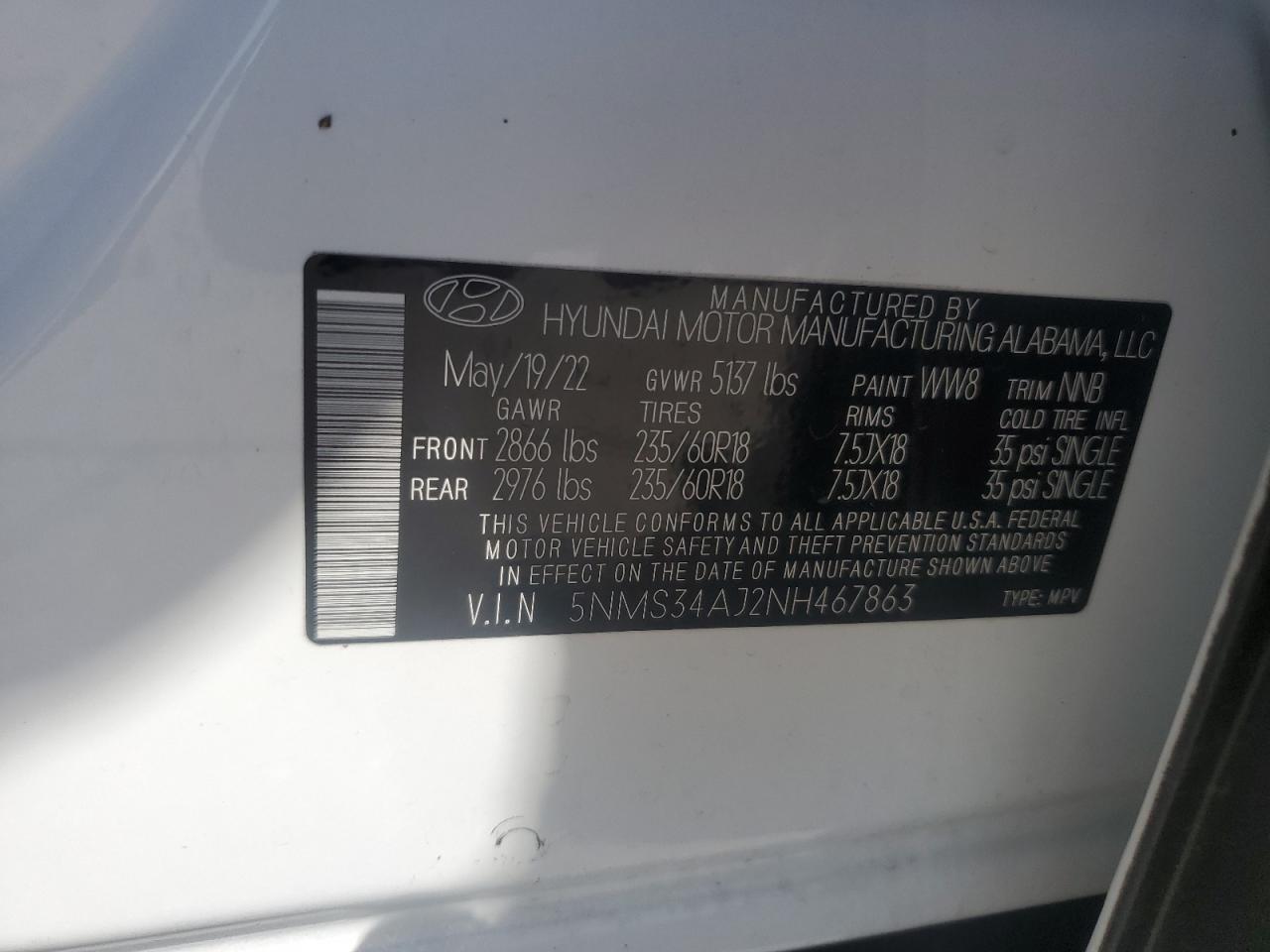 2022 HYUNDAI SANTA FE SEL VIN:5NMS34AJ2NH467863