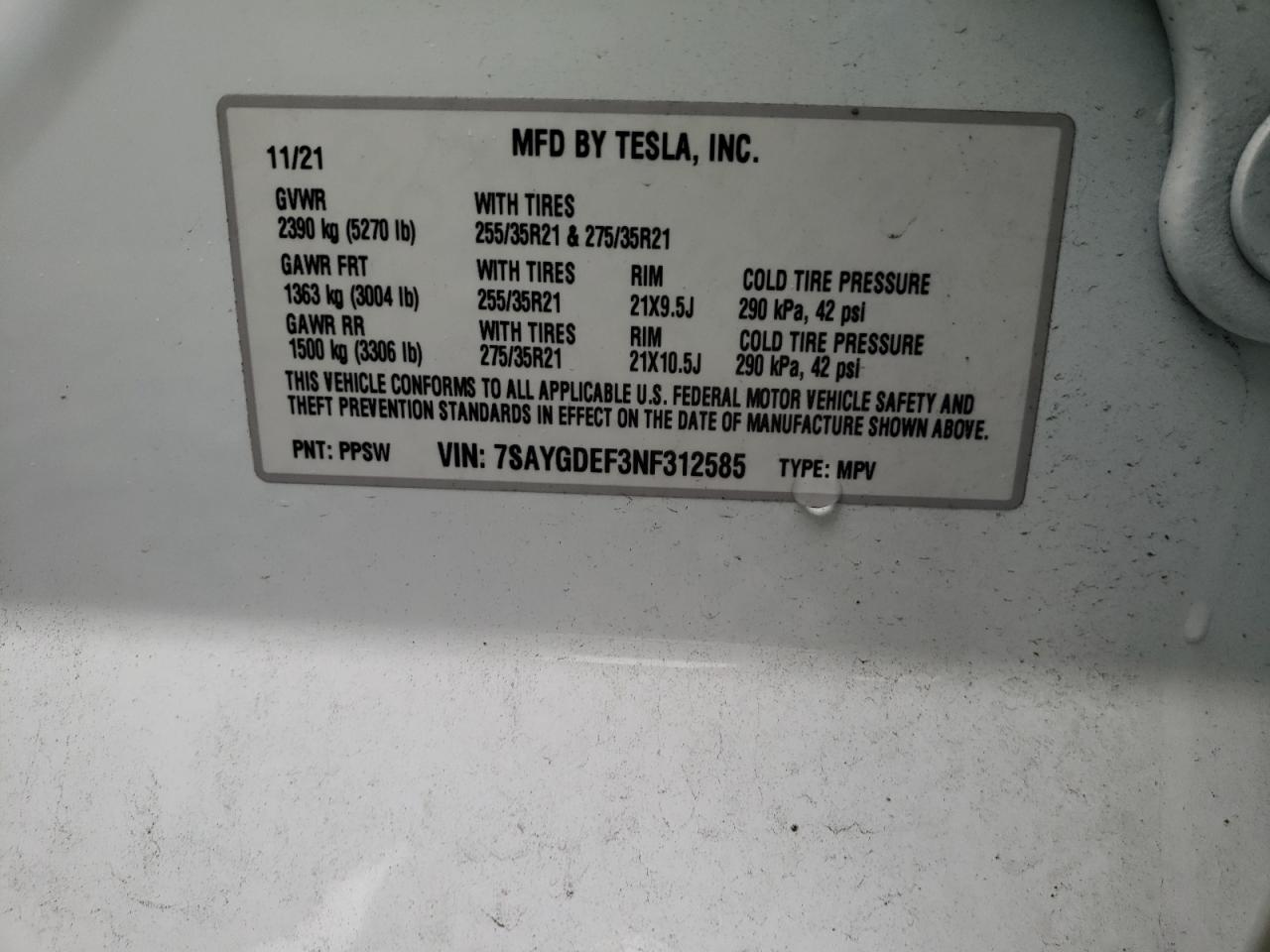 2022 TESLA MODEL Y VIN:7SAYGDEF3NF312585