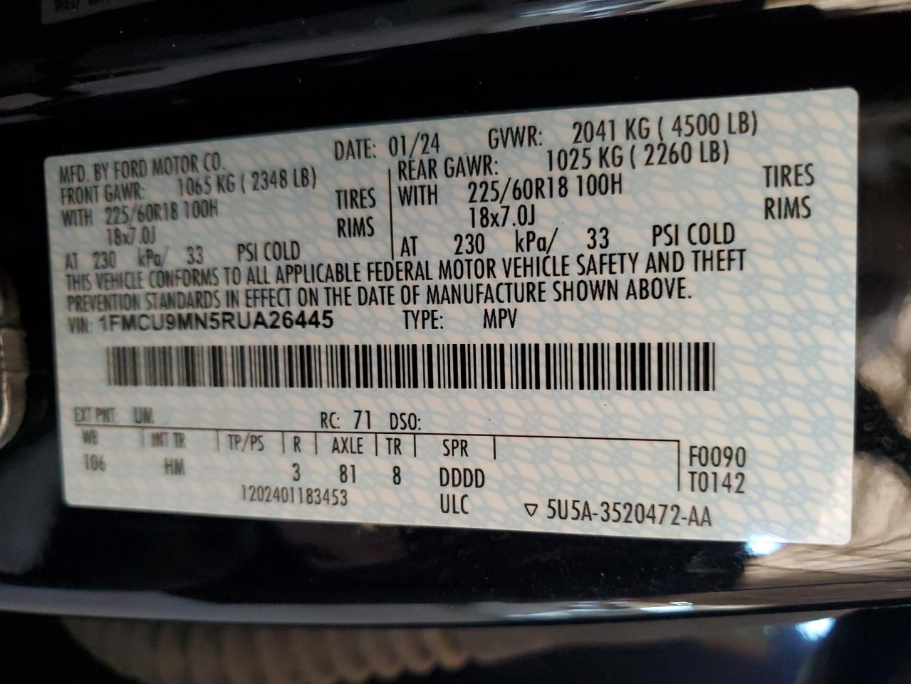 2024 FORD ESCAPE ST LINE VIN:1FMCU9MN5RUA26445