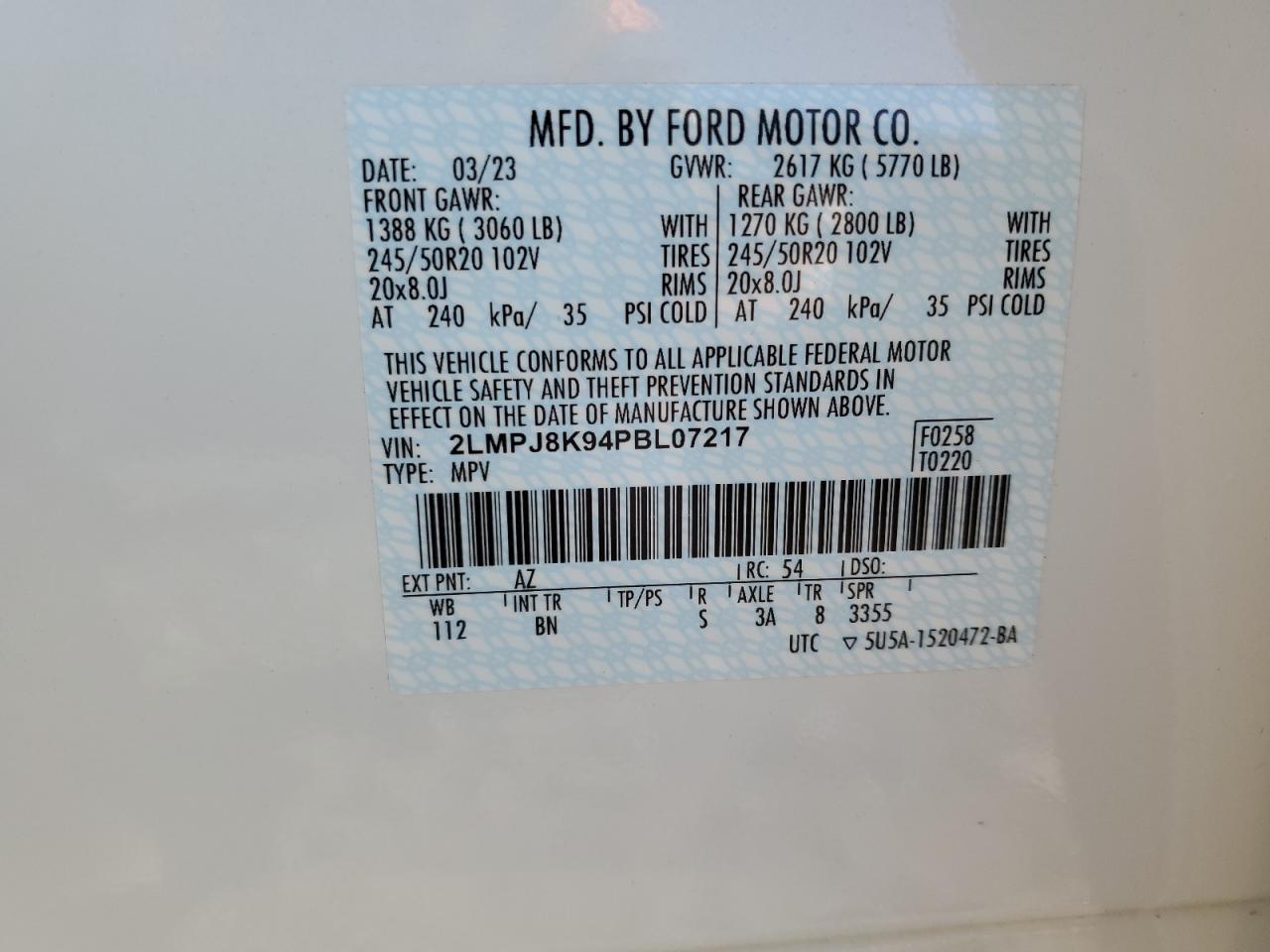 2023 LINCOLN NAUTILUS RESERVE VIN:2LMPJ8K94PBL07217