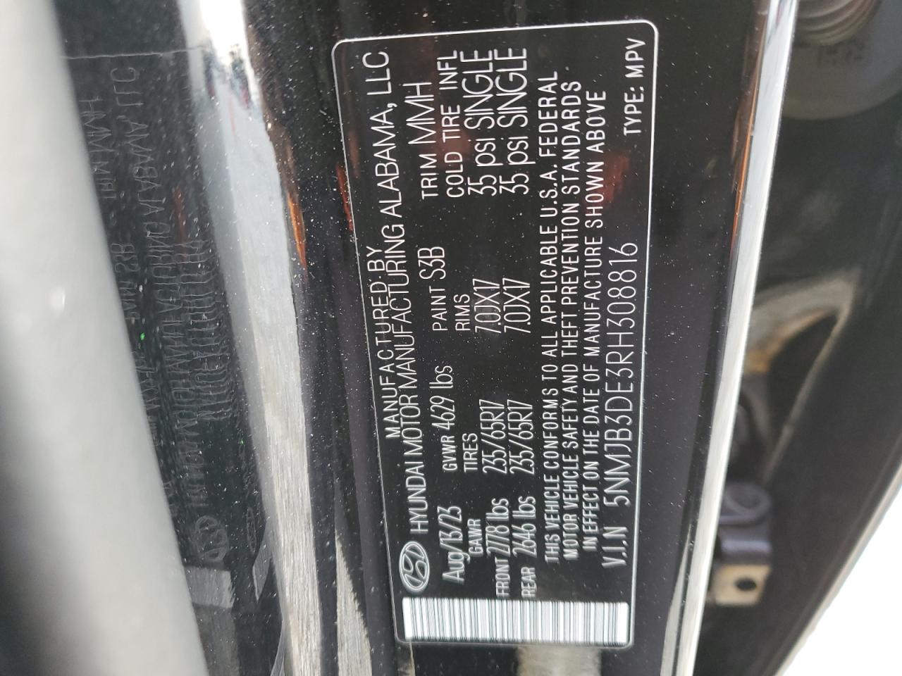 2024 HYUNDAI TUCSON SEL VIN:5NMJB3DE3RH308816