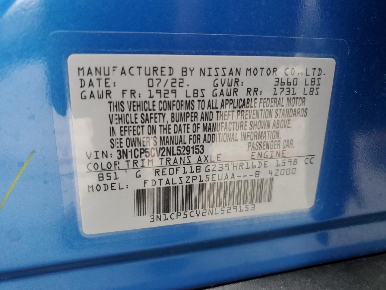 2022 NISSAN KICKS SV VIN:3N1CP5CV2NL529153