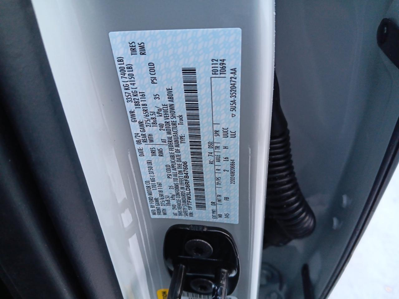2024 FORD F150 XLT VIN:1FTFW3LD8RFB47606