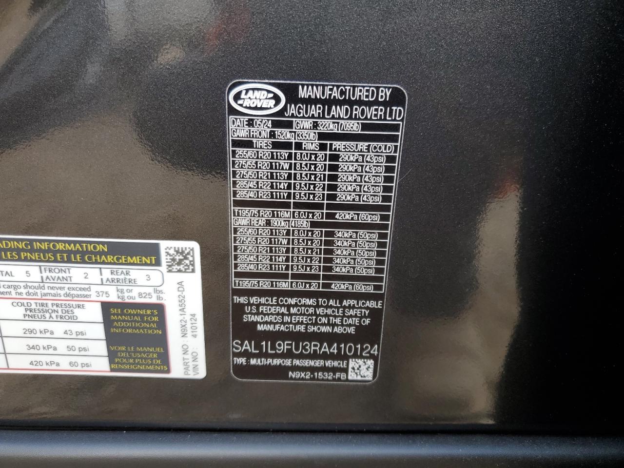 2024 LAND ROVER RANGE ROVER SPORT DYNAMIC SE VIN:SAL1L9FU3RA410124