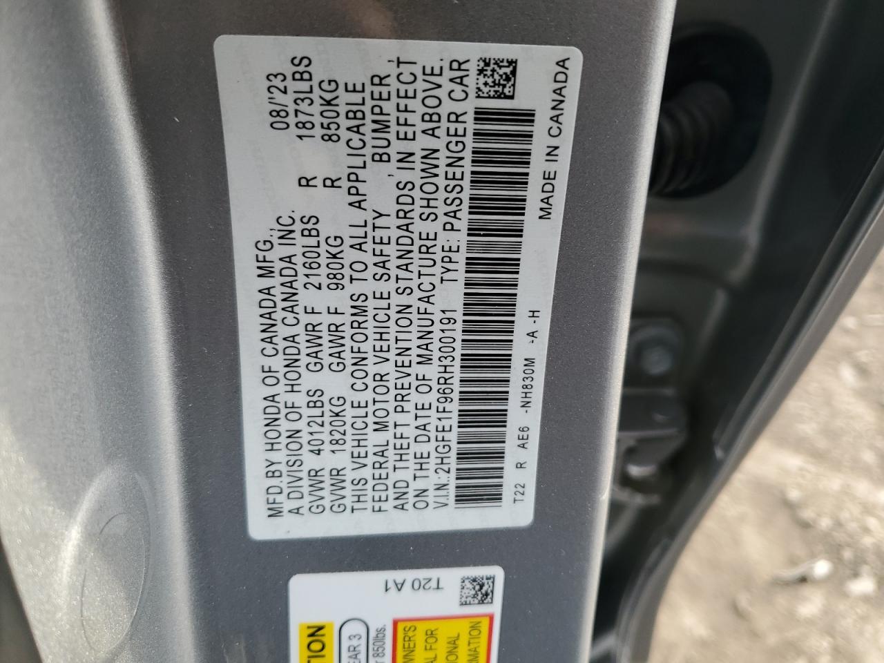 2024 HONDA CIVIC TOURING VIN:2HGFE1F96RH300191