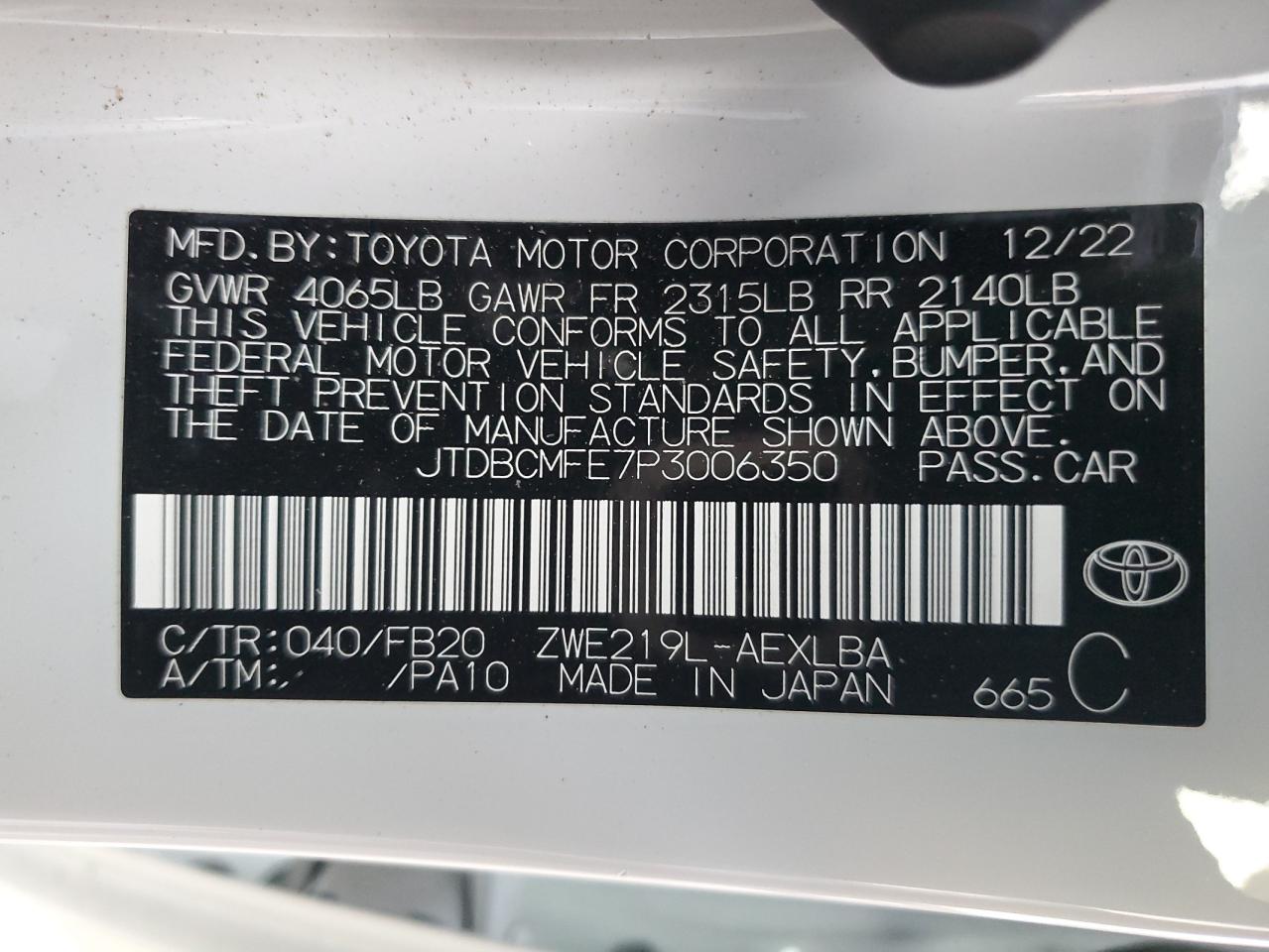 2023 TOYOTA COROLLA LE VIN:JTDBCMFE7P3006350