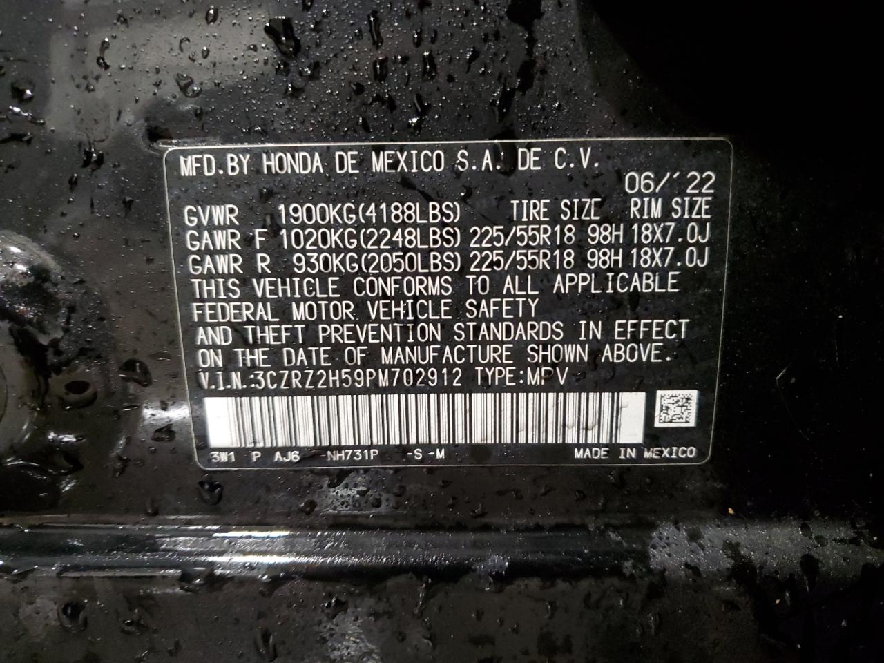 2023 HONDA HR-V SPORT VIN:3CZRZ2H59PM702912