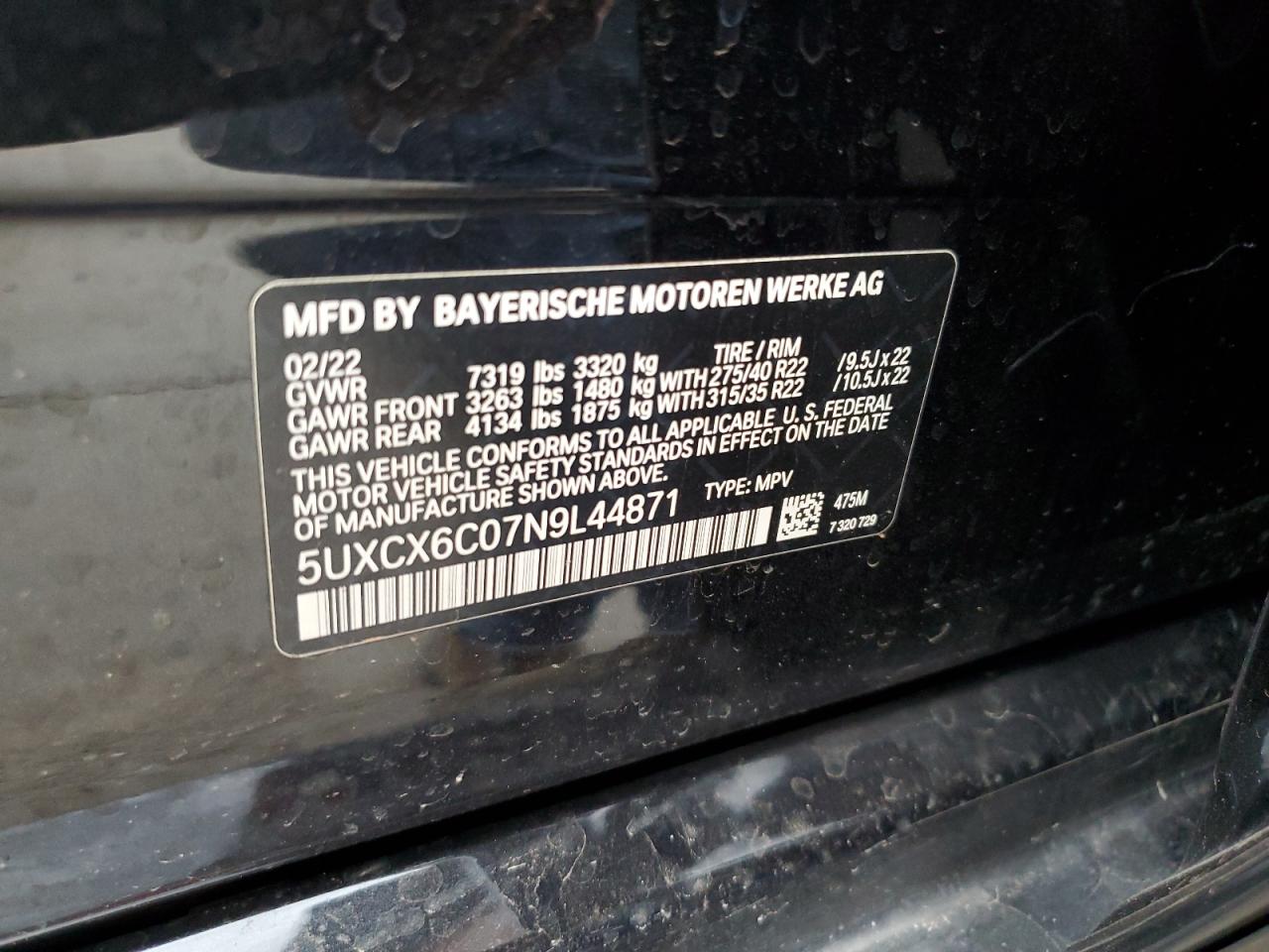 2022 BMW X7 M50I VIN:5UXCX6C07N9L44871