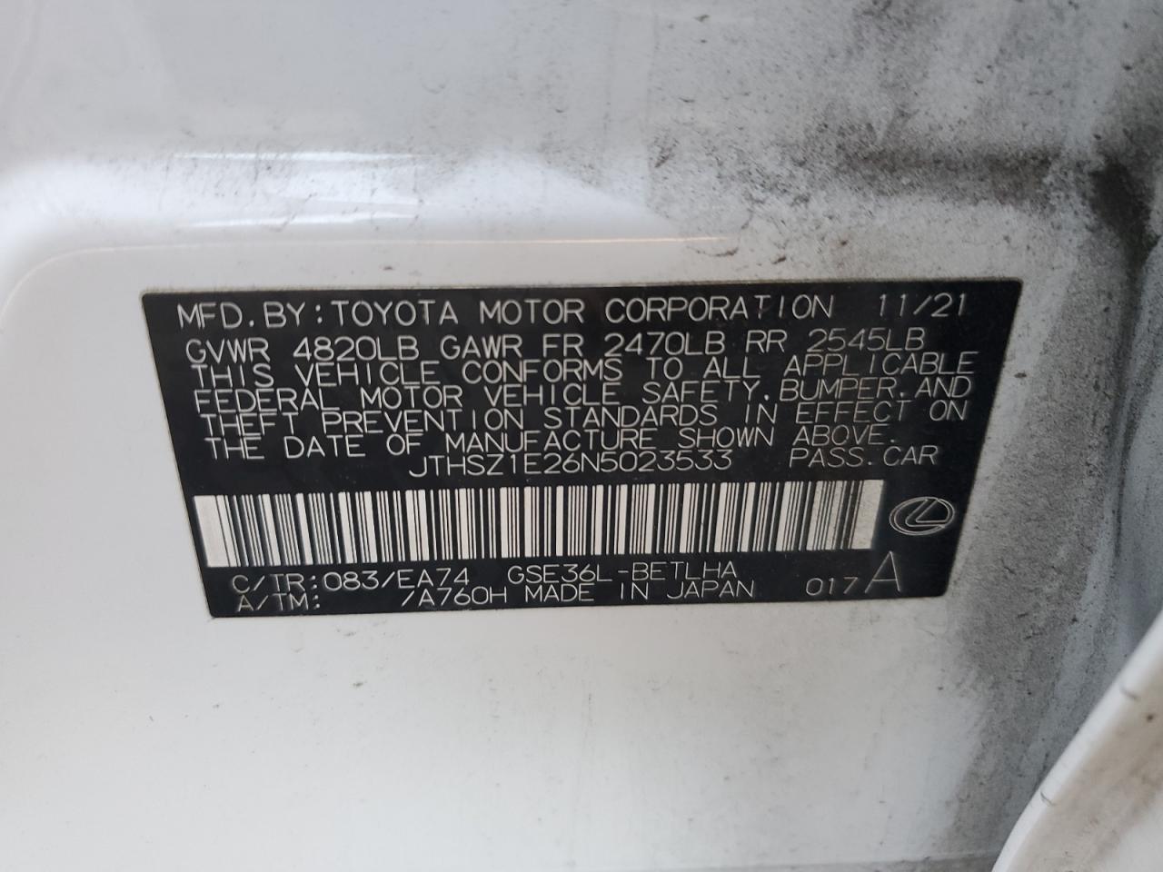2022 LEXUS IS 350 F SPORT VIN:JTHSZ1E26N5023533