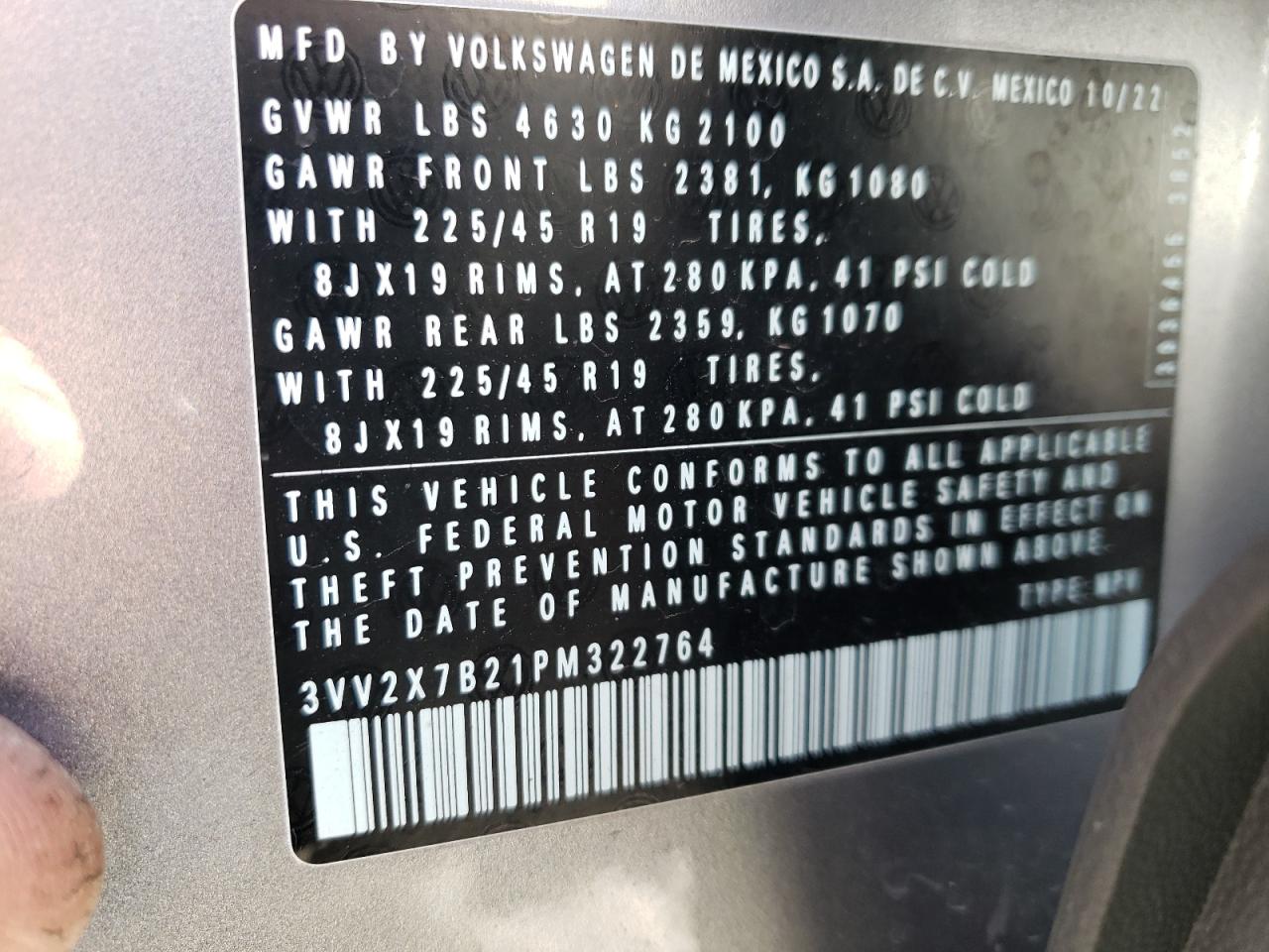 2023 VOLKSWAGEN TAOS SEL VIN:3VV2X7B21PM322764