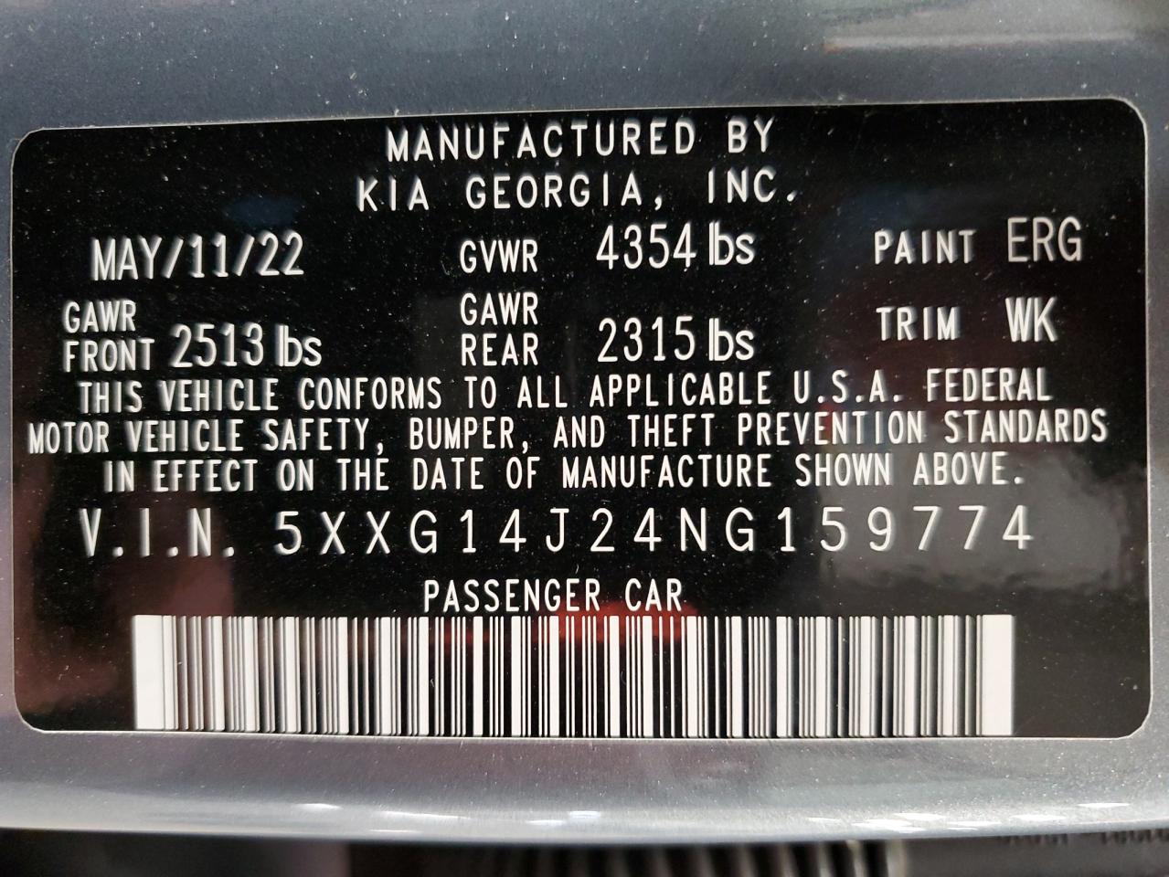 2022 KIA K5 LXS VIN:5XXG14J24NG159774