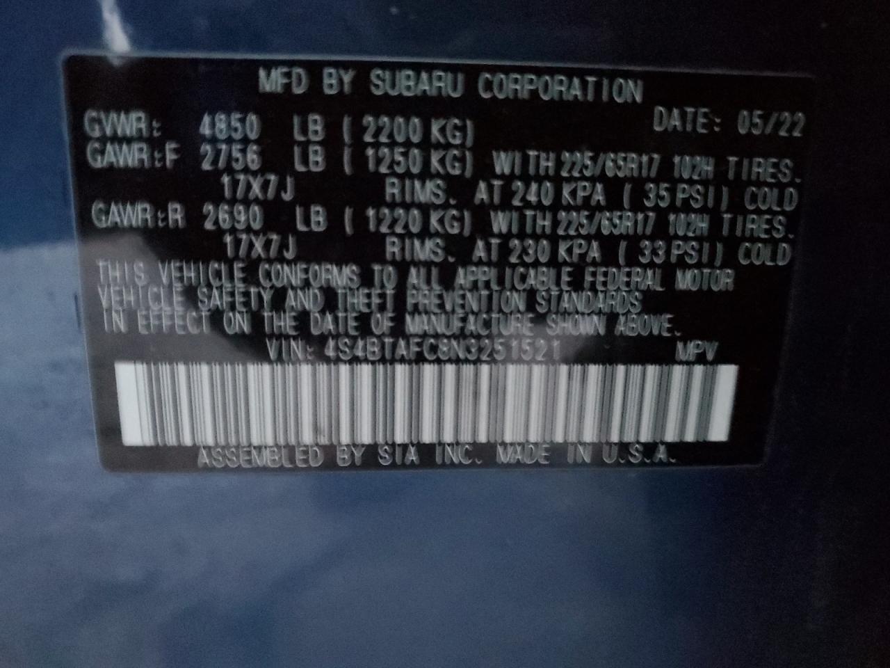 2022 SUBARU OUTBACK PREMIUM VIN:4S4BTAFC8N3251521