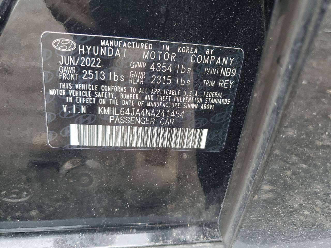 2022 HYUNDAI SONATA SEL VIN:KMHL64JA4NA241454