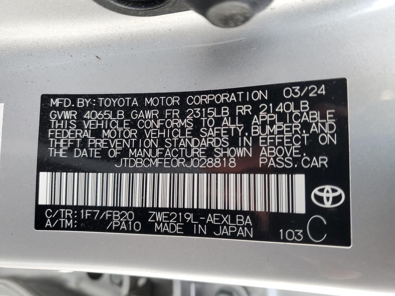 2024 TOYOTA COROLLA LE VIN:JTDBCMFE0RJ028818