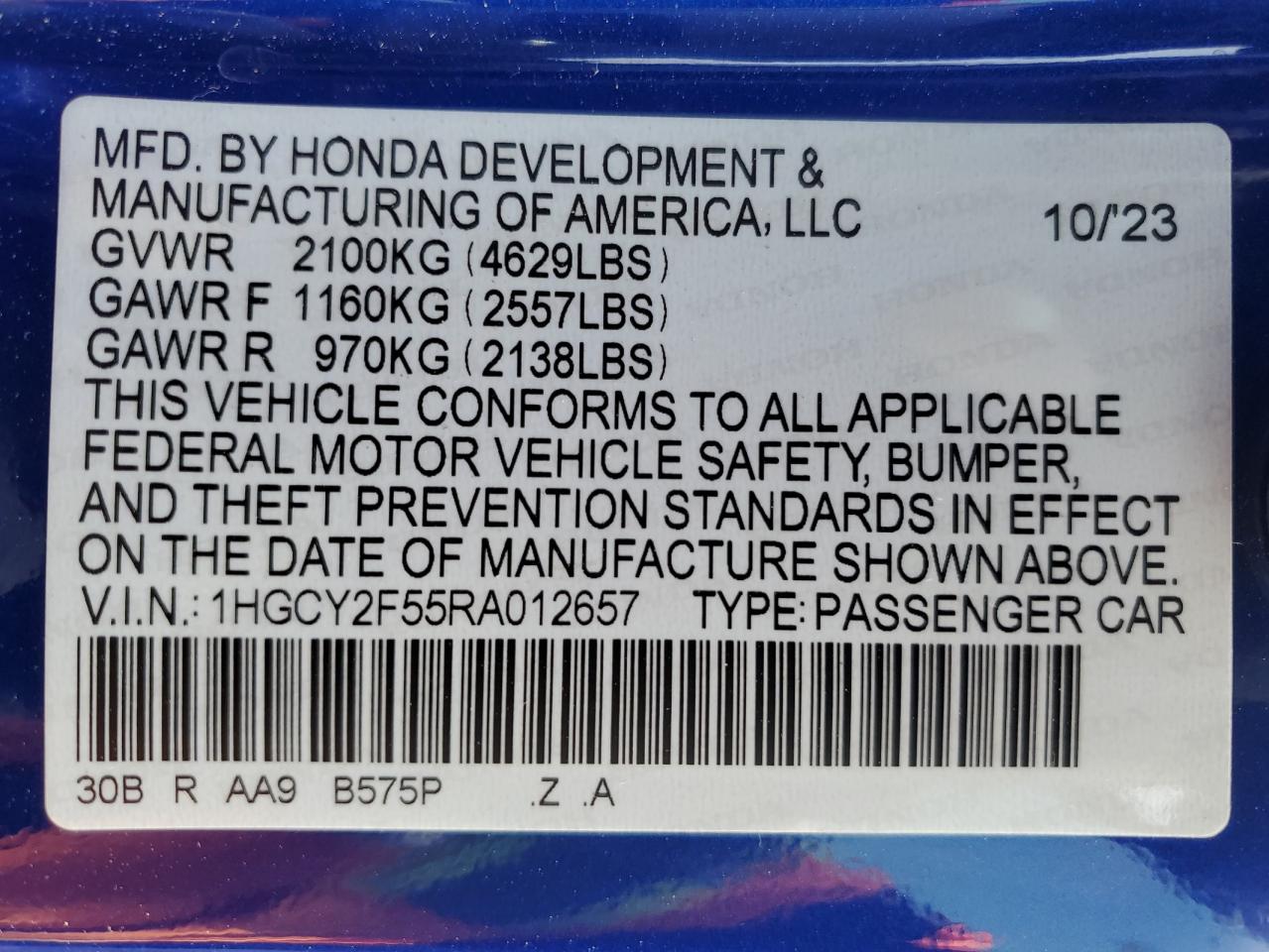 2024 HONDA ACCORD HYBRID SPORT VIN:1HGCY2F55RA012657