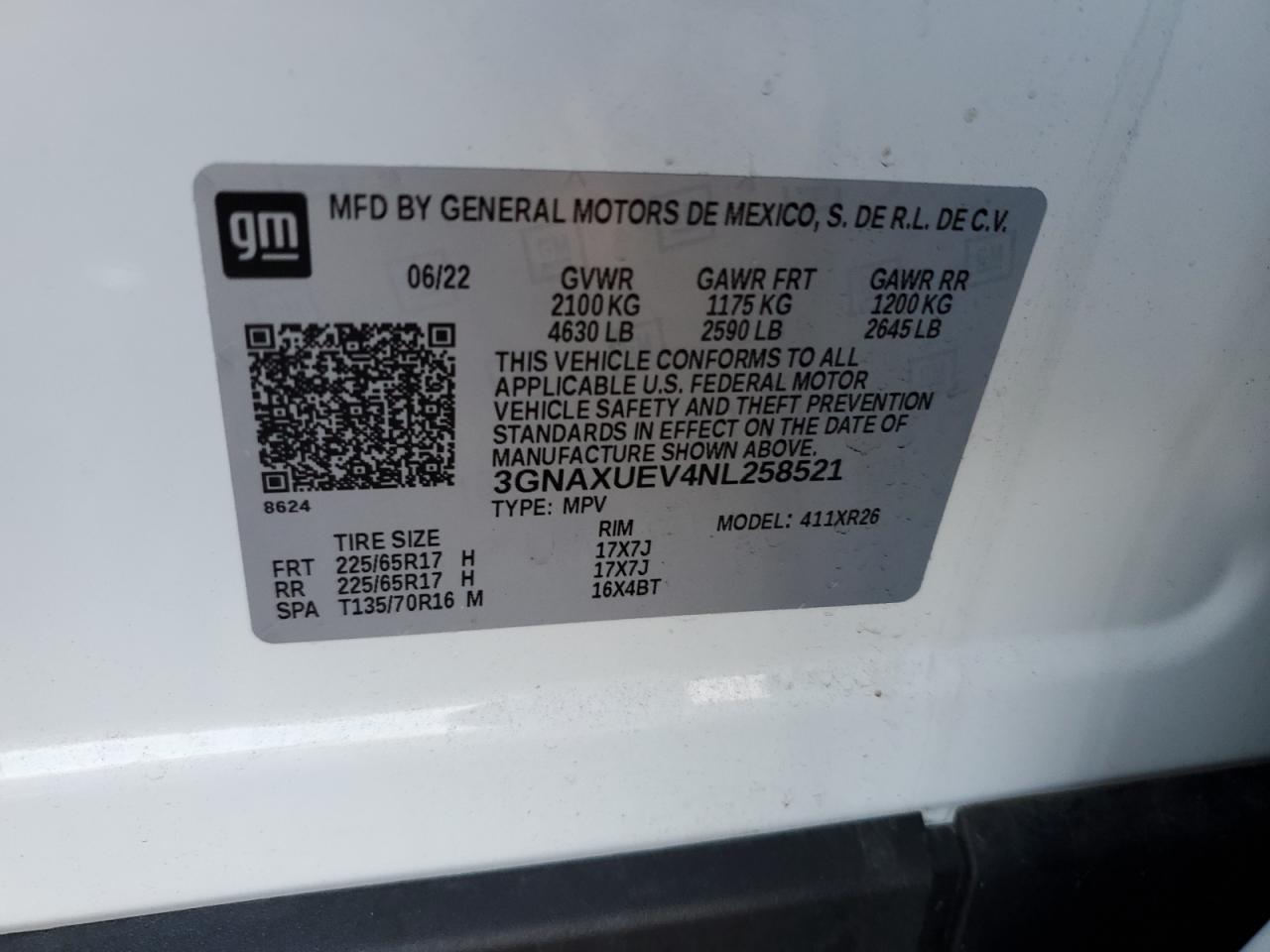 2022 CHEVROLET EQUINOX LT VIN:3GNAXUEV4NL258521