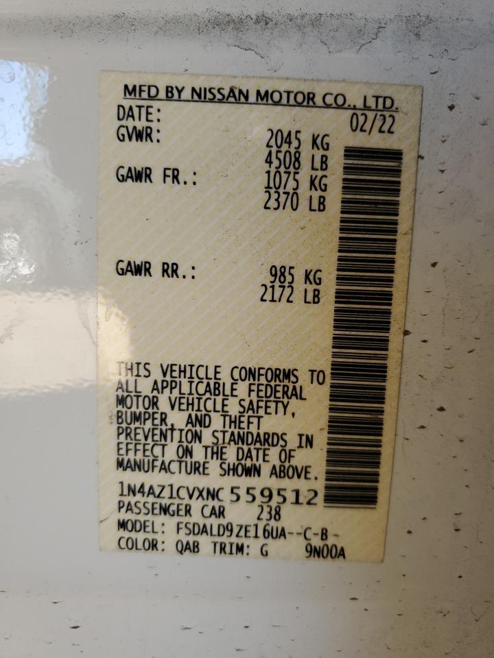 2022 NISSAN LEAF SV VIN:1N4AZ1CVXNC559512