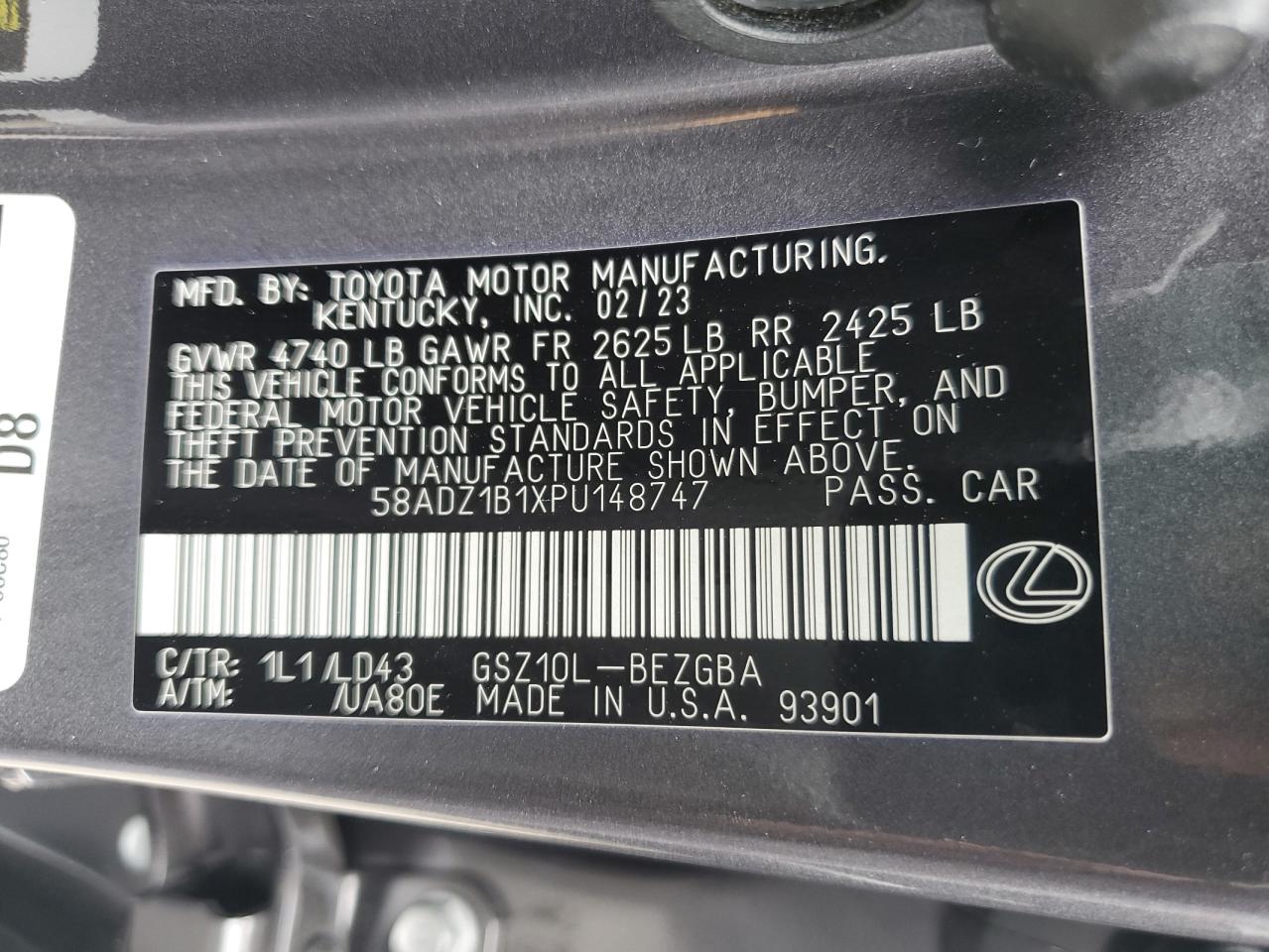 2023 LEXUS ES 350 BASE VIN:58ADZ1B1XPU148747