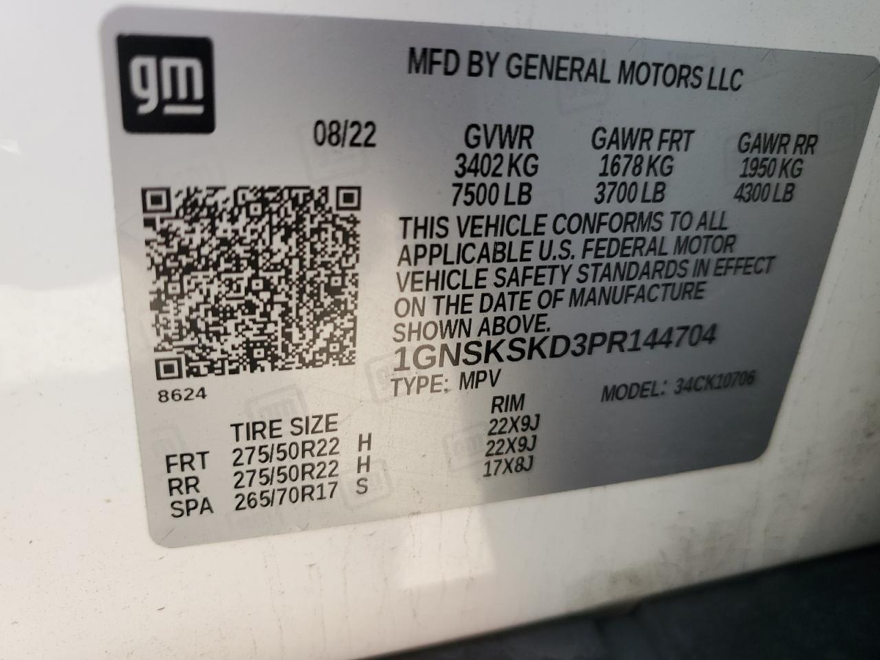 2023 CHEVROLET TAHOE K1500 PREMIER VIN:1GNSKSKD3PR144704