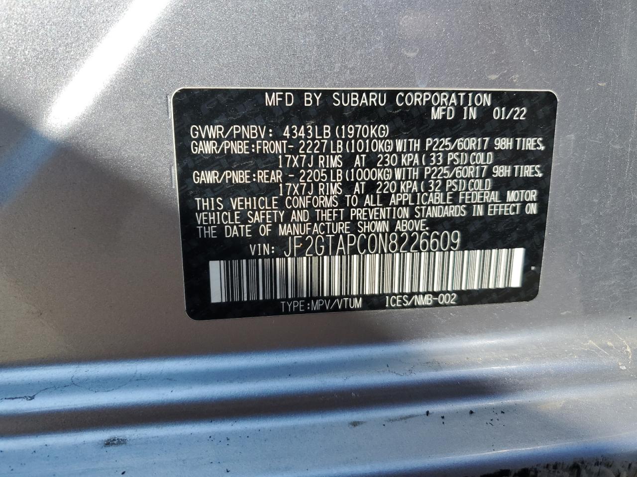 2022 SUBARU CROSSTREK PREMIUM VIN:JF2GTAPC0N8226609