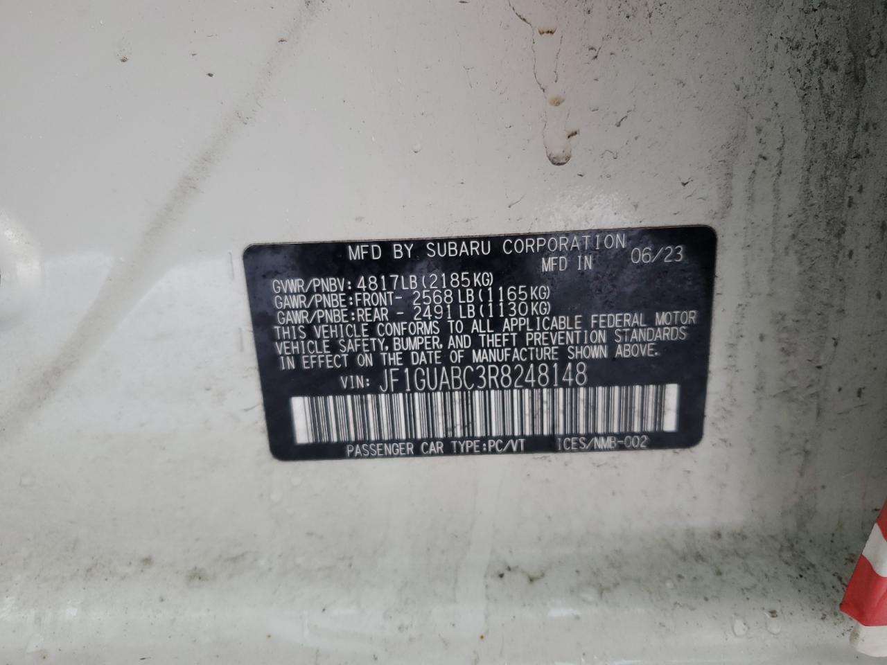 2024 SUBARU IMPREZA VIN:JF1GUABC3R8248148