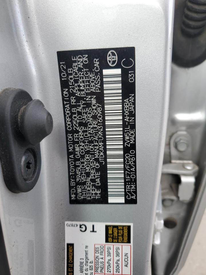 2022 TOYOTA PRIUS NIGHT SHADE VIN:JTDKAMFU9N3160987