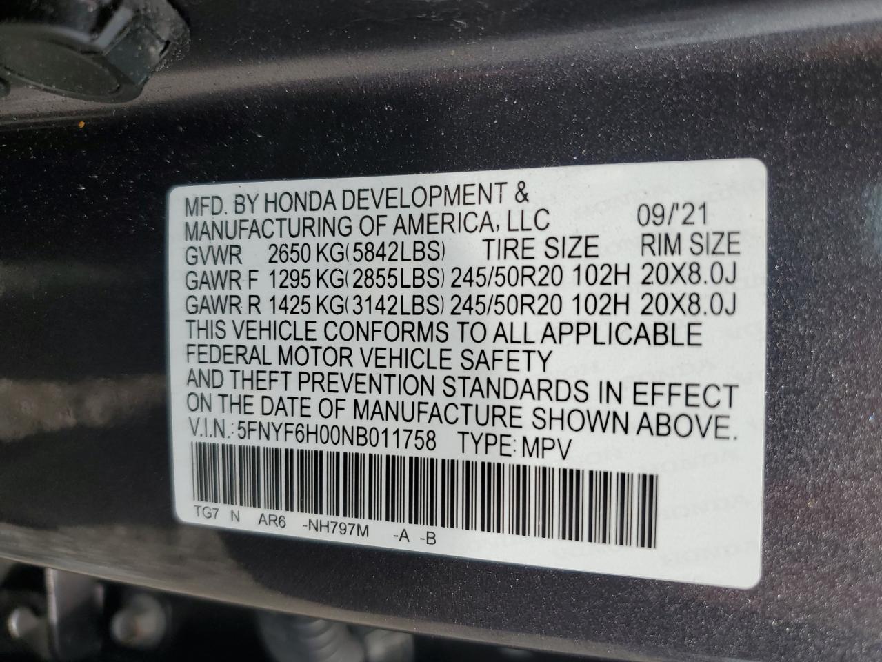 2022 HONDA PILOT ELITE VIN:5FNYF6H00NB011758