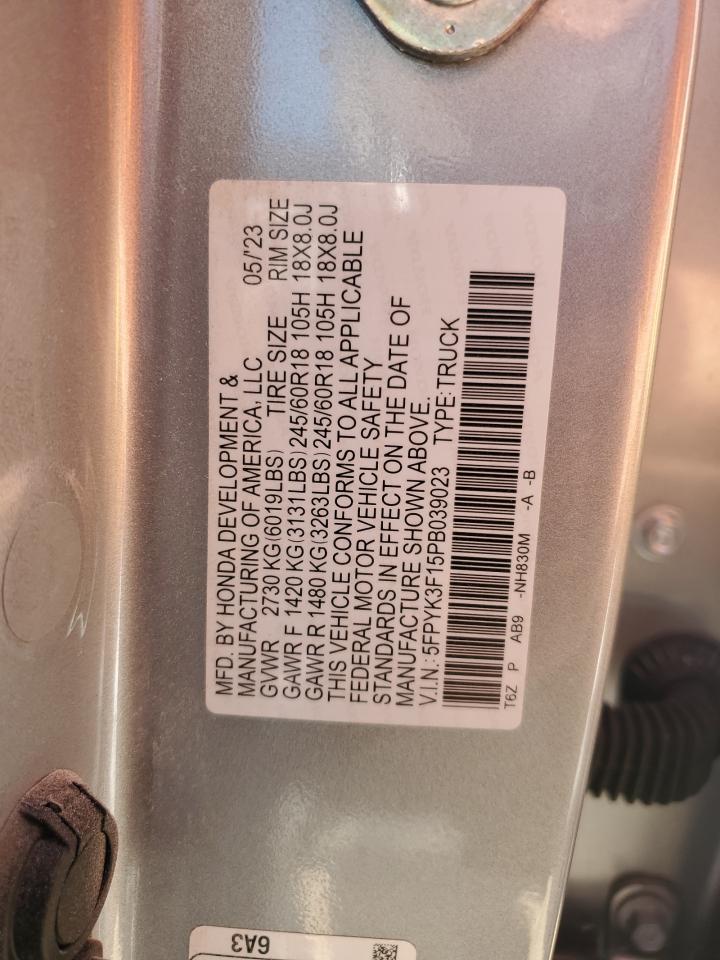 2023 HONDA RIDGELINE SPORT VIN:5FPYK3F15PB039023