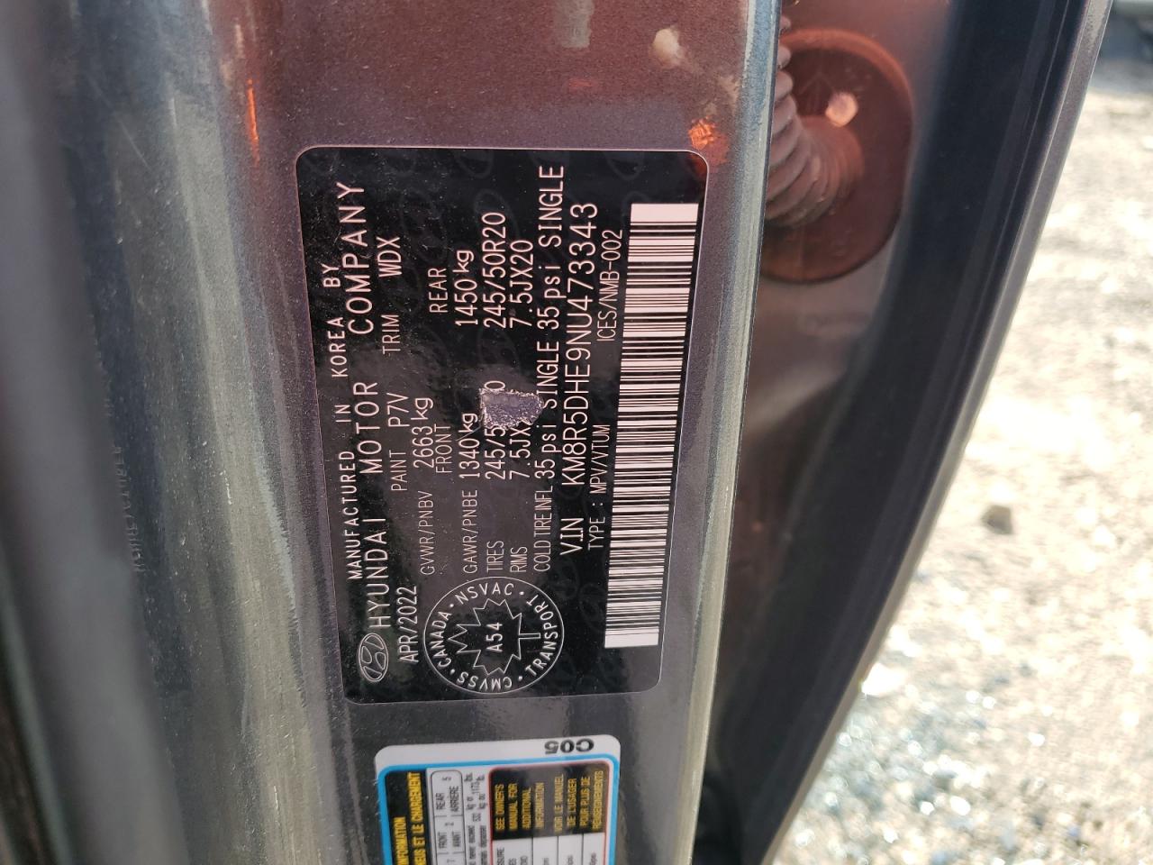 2022 HYUNDAI PALISADE LIMITED VIN:KM8R5DHE9NU473343