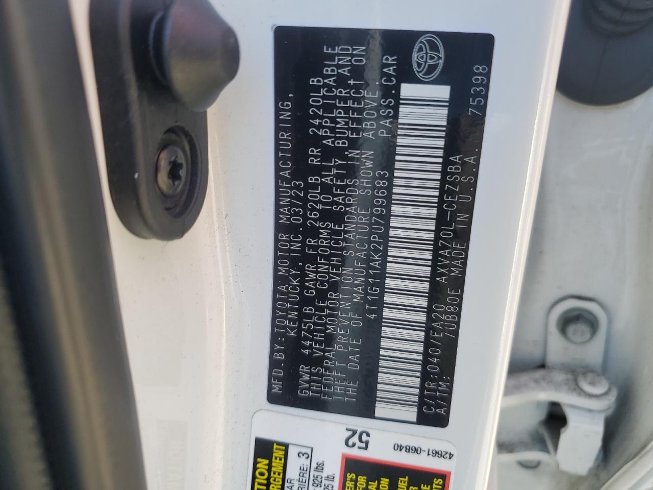 2023 TOYOTA CAMRY SE NIGHT SHADE VIN:4T1G11AK2PU799683