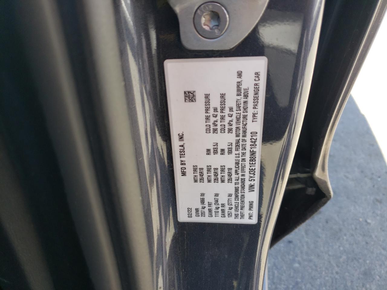 2022 TESLA MODEL 3 VIN:5YJ3E1EB8NF184210