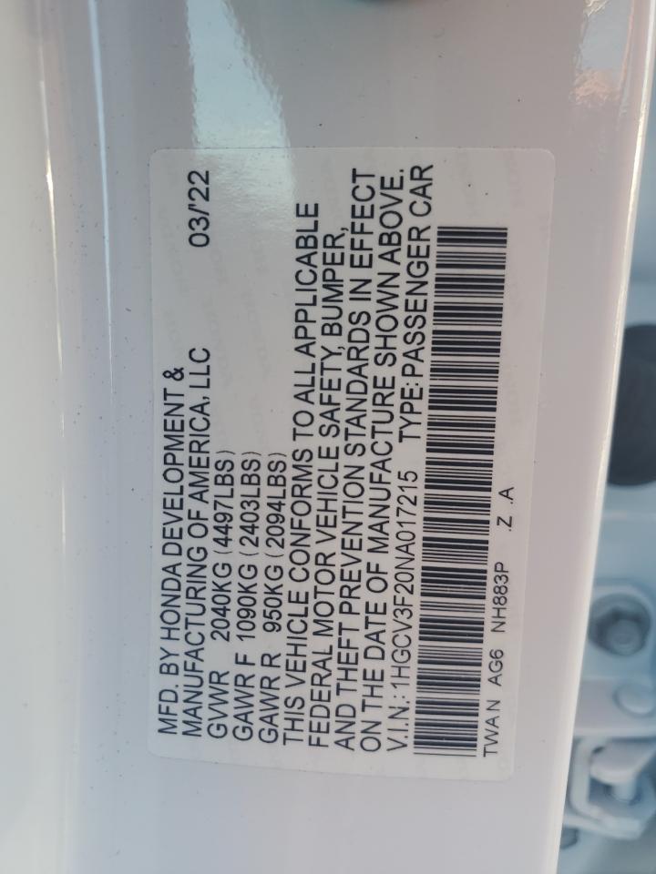 2022 HONDA ACCORD HYBRID SPORT VIN:1HGCV3F20NA017215