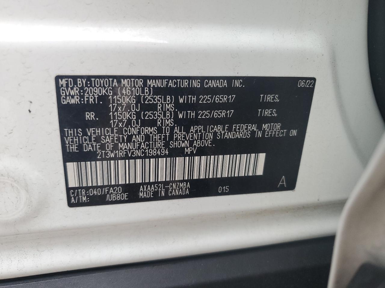 2022 TOYOTA RAV4 XLE VIN:2T3W1RFV3NC198494