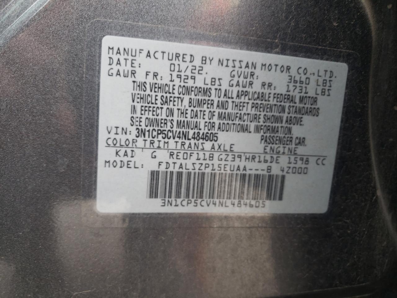 2022 NISSAN KICKS SV VIN:3N1CP5CV4NL484605