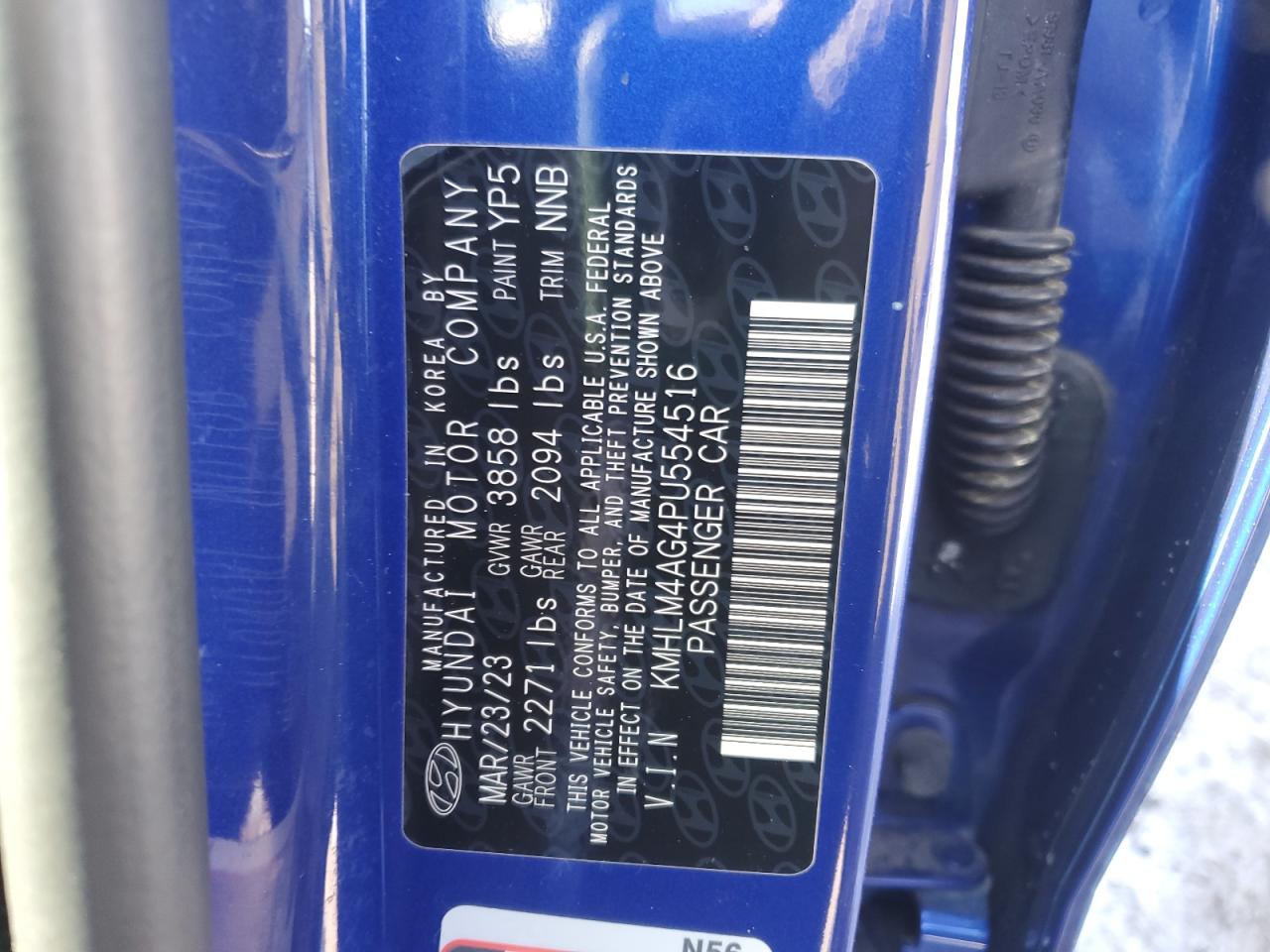 2023 HYUNDAI ELANTRA SEL VIN:KMHLM4AG4PU554516