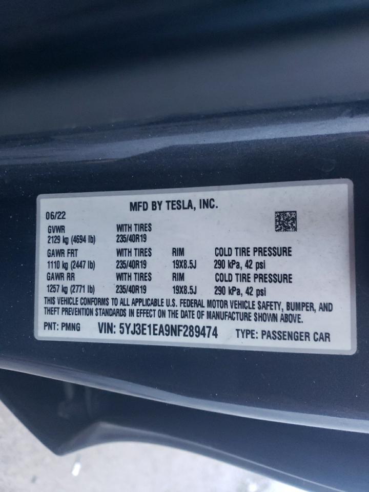 2022 TESLA MODEL 3 VIN:5YJ3E1EA9NF289474