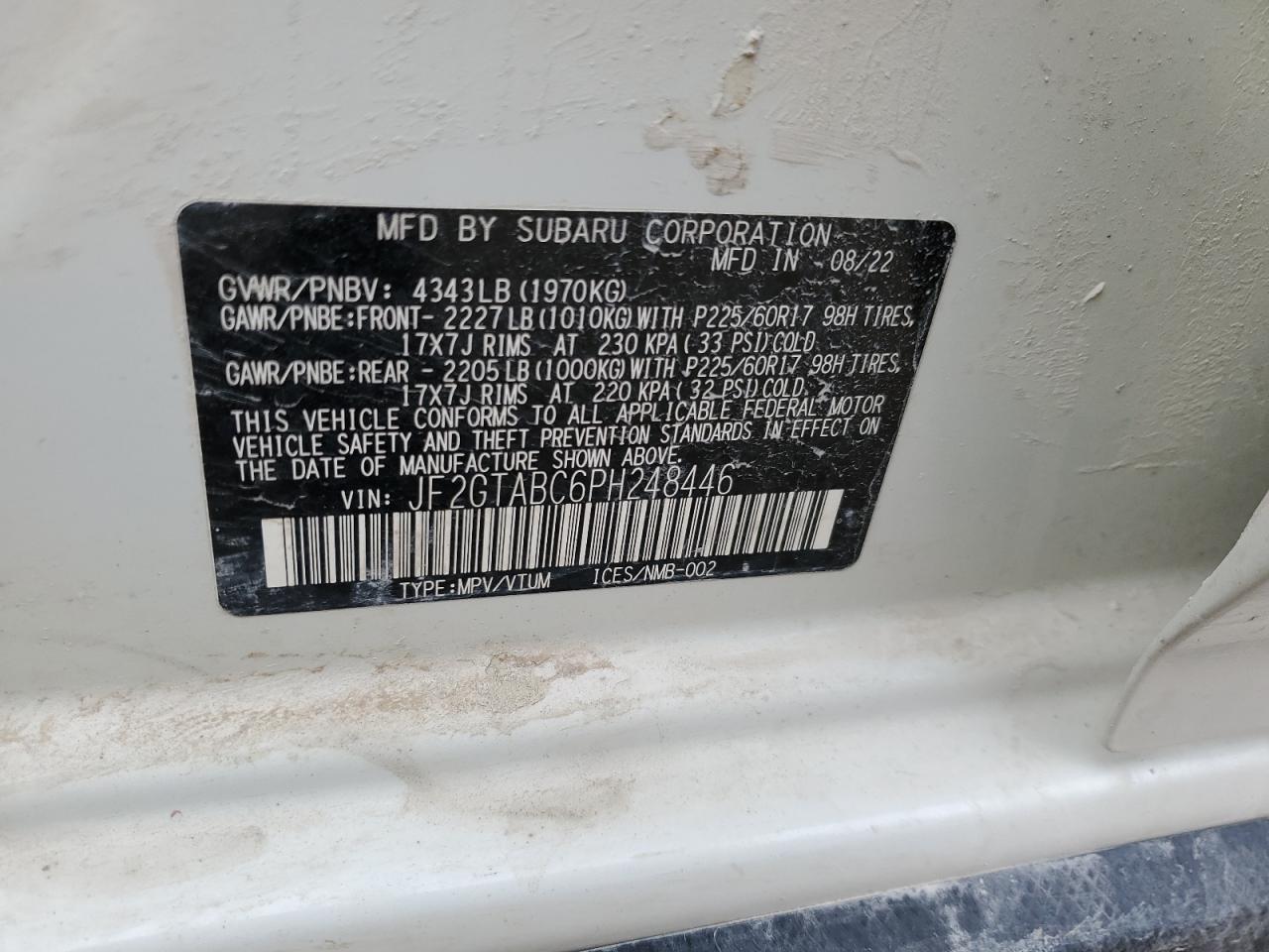 2023 SUBARU CROSSTREK VIN:JF2GTABC6PH248446