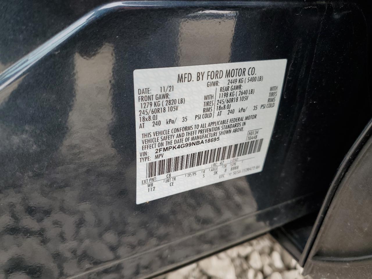 2022 FORD EDGE SE VIN:2FMPK4G99NBA18695