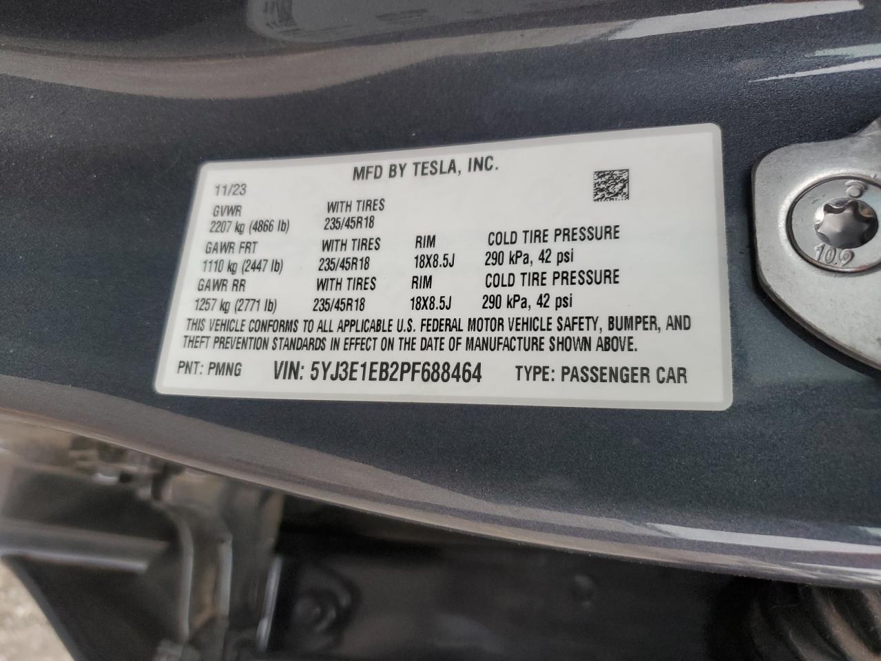 2023 TESLA MODEL 3 VIN:5YJ3E1EB2PF688464