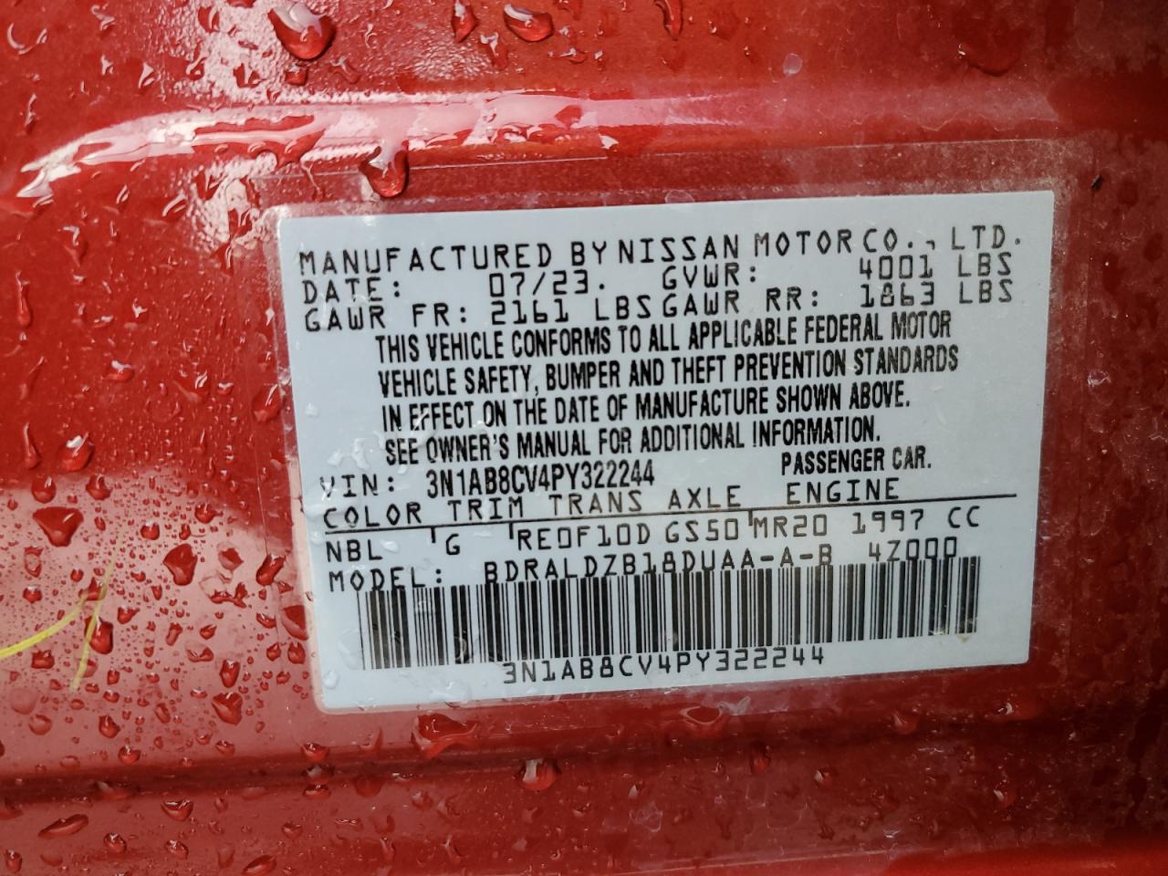2023 NISSAN SENTRA SV VIN:3N1AB8CV4PY322244