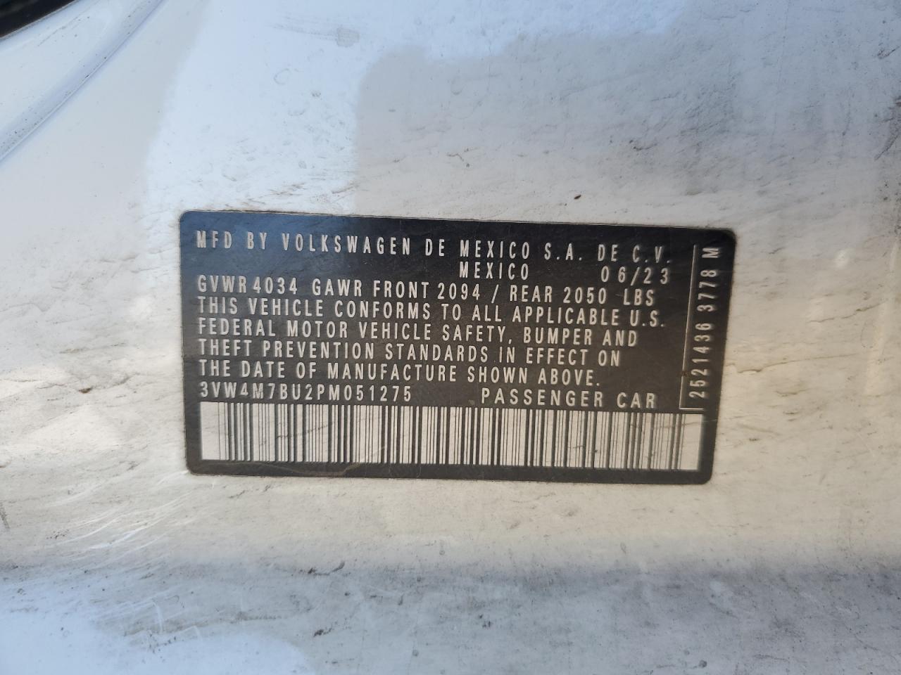 2023 VOLKSWAGEN JETTA S VIN:3VW4M7BU2PM051275