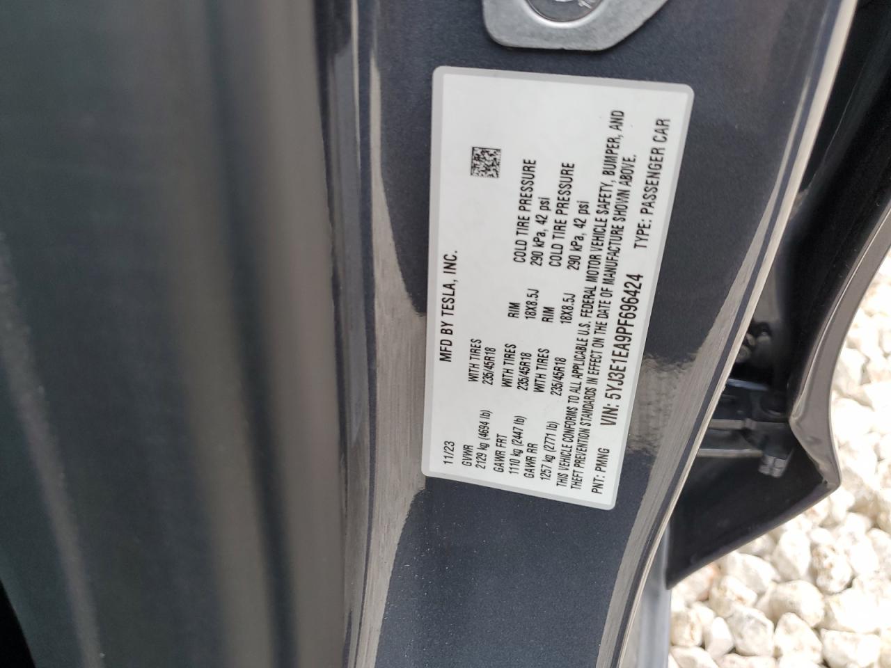 2023 TESLA MODEL 3 VIN:5YJ3E1EA9PF696424
