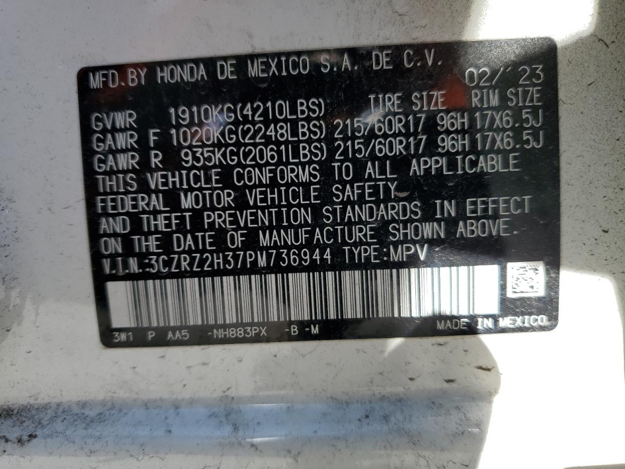 2023 HONDA HR-V LX VIN:3CZRZ2H37PM736944
